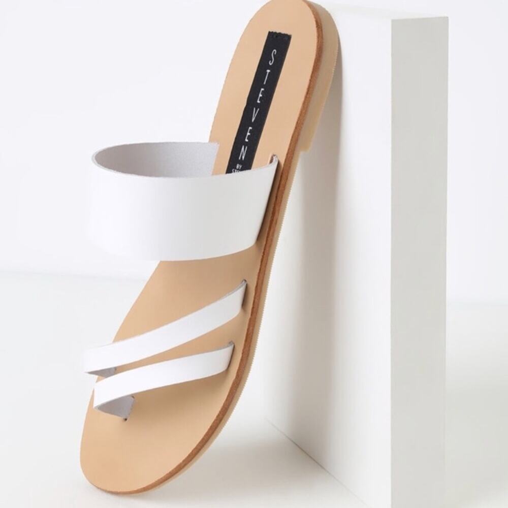 Steven Geena White Leather Flat Sandals